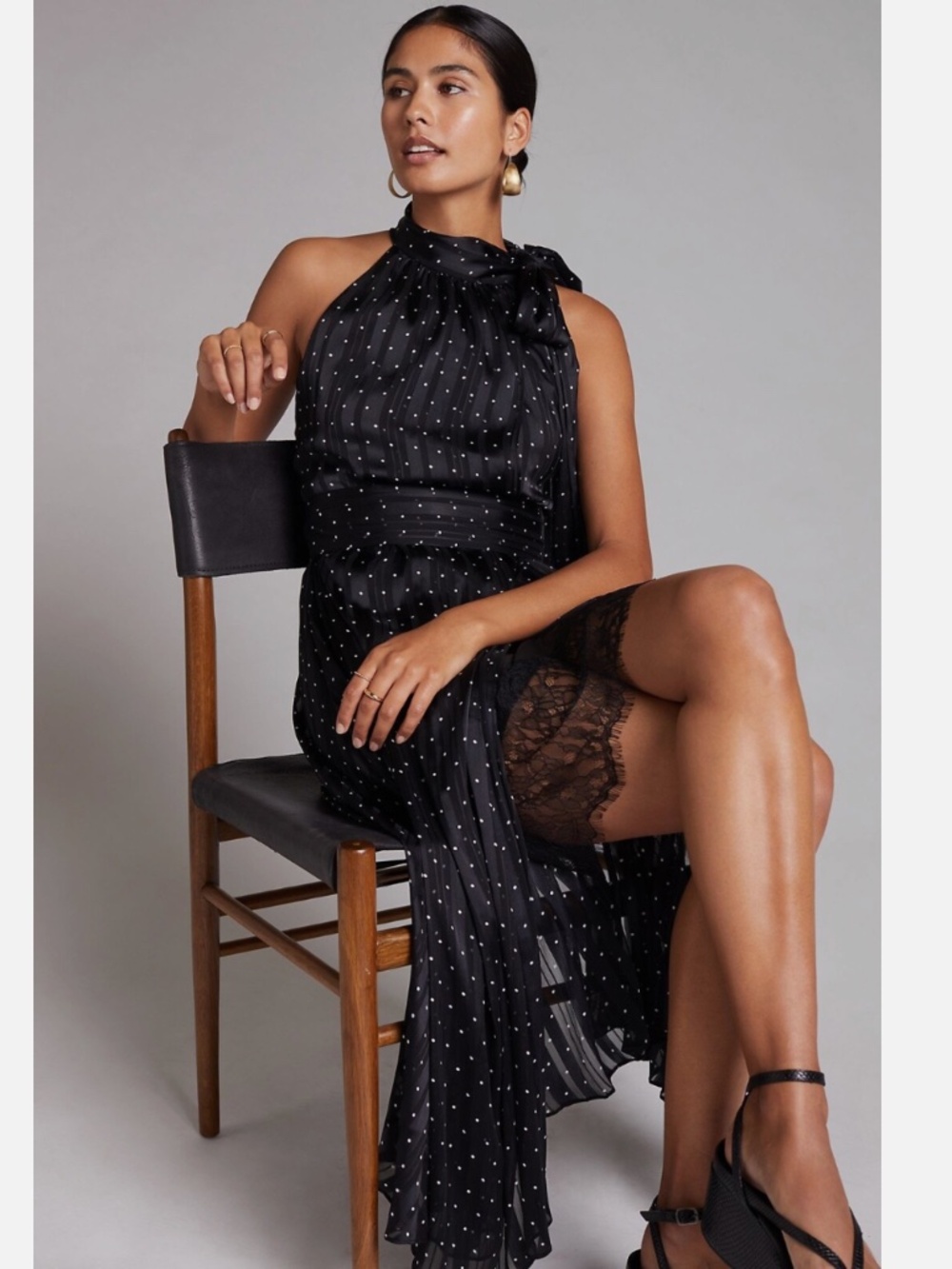 Anthropologie Sachin & Babi Black Polka Dot Halter Midi Cocktail Dress Size 6